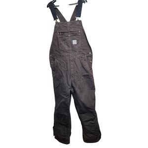 Mens Carhartt Bib Overalls Large/Short/loose Brown, Insulated Double Knee Canvas